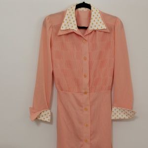 VINTAGE 1970s Orange Cream Herringbone Dress Sz L